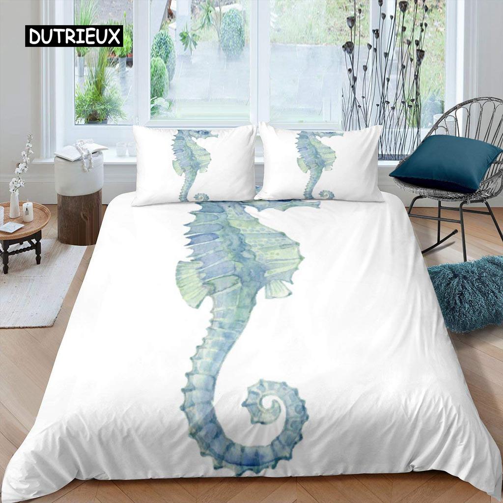 Seahorse Bedding Set Ocean Animal Duvet Cover Underwater World Orange Coral Marine Life Sea Urchin Soft Women Kid Bedroom Decor