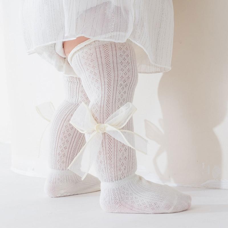 Kids Lace Pattern Over Knee Stockings Soft Combed Cotton Summer Thin Style Beige Color For Daily Wear