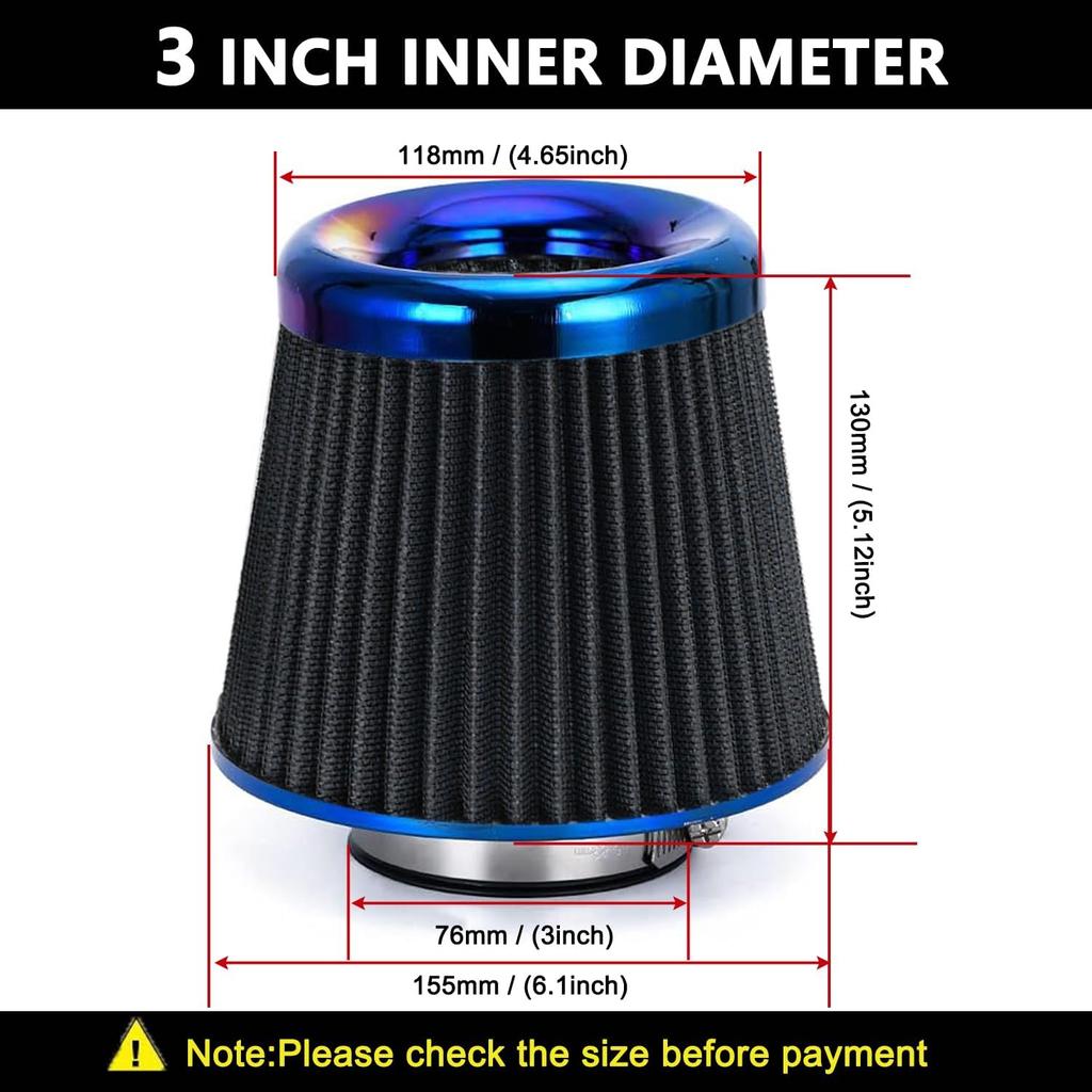 Cold Air Intake Filter, High Performance, Washable Filter, Clamp-On Replacement Air Filter, Flange Diameter 3Inch/76Mm Black