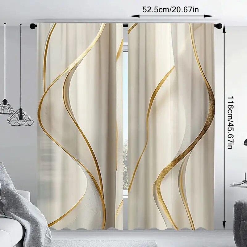 2pcs -Golden S-shaped Lines Print Curtains, Pole Bag Curtains, Home Decoration, Room Decoration