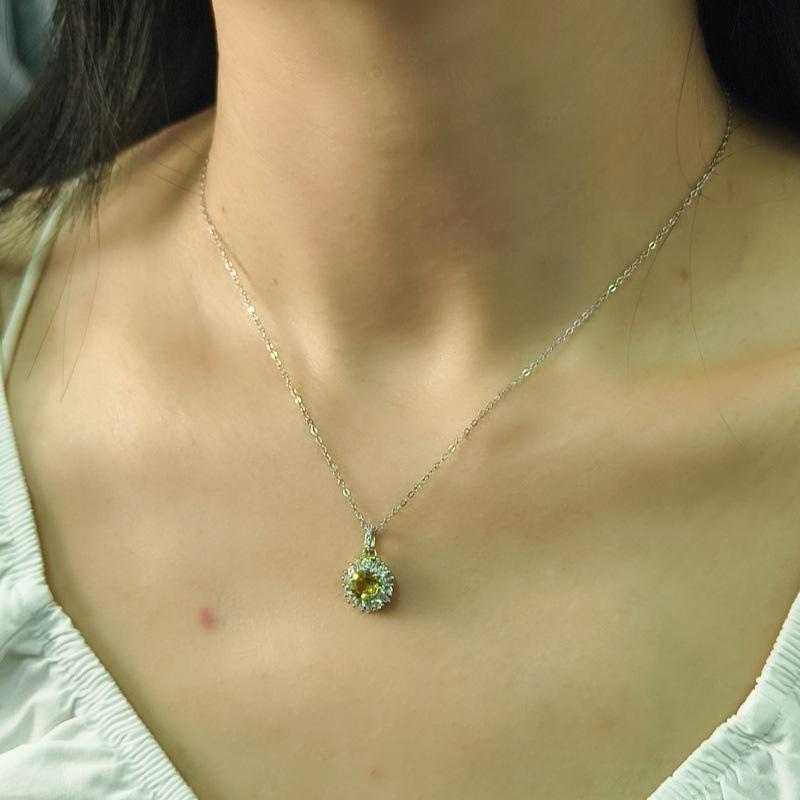S925 Silver Sunflower Pendant Necklace with Natural Crystal, Micro Pave CZ Choker for Women