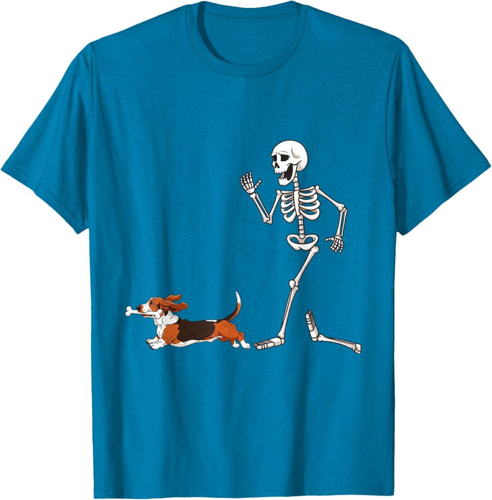 Skeleton Running After Basset Hound Graphic Tee Funny Halloween Dog Lover Casual Trip T-Shirt