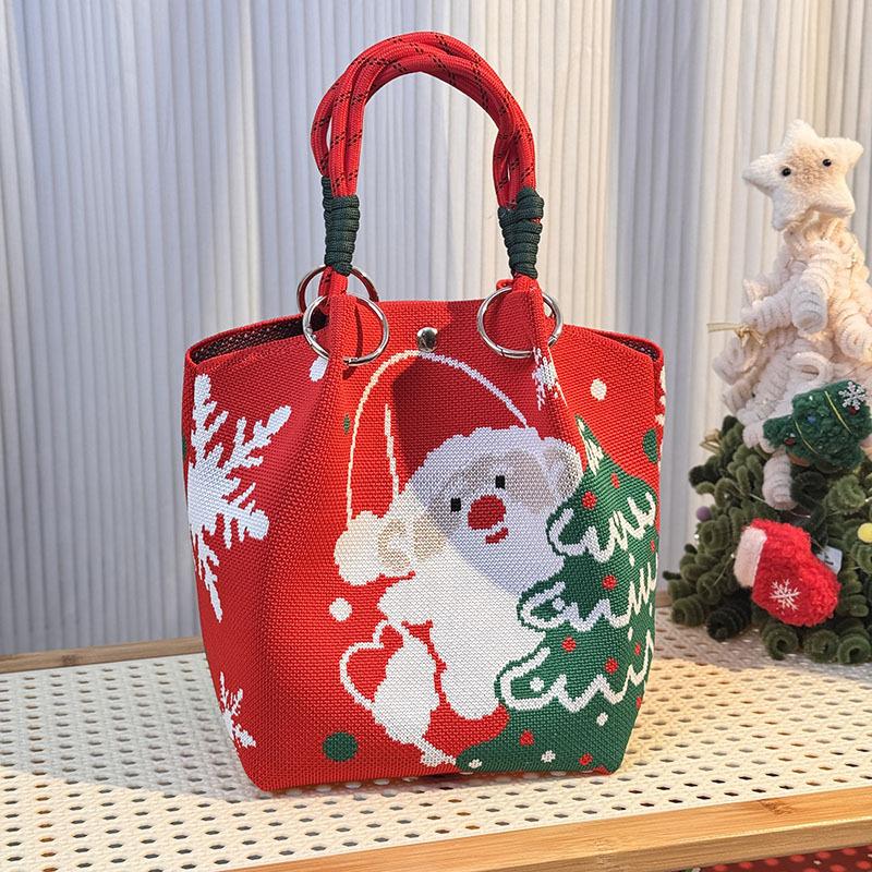 Cartoon Reindeer Santa Claus Knitted Bucket Bag For Women  Large Capacity Portable Handbag Christmas Knitted Gift Bag
