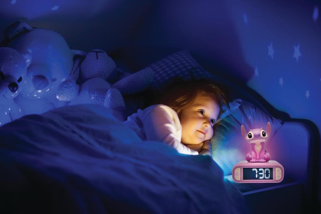 Disney Angel Night Light Alarm Sounds and Backlit LCD Glowing Snooze LEXIBOOK, Stitch, Clock, Melodies, Screen, Light,