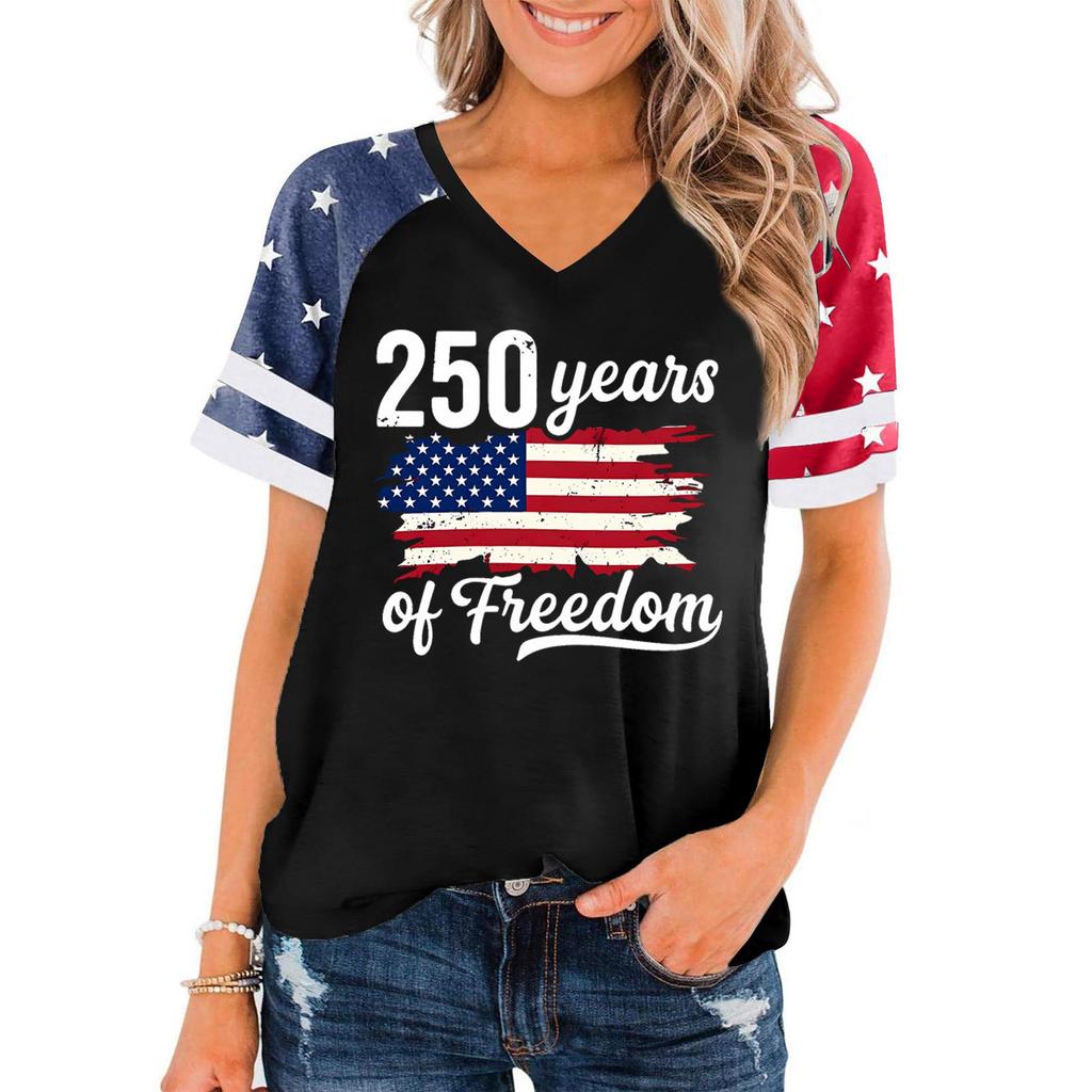 T-shirt Pull Manches Courtes Col en V Décontracté pour Femme avec Impression Graphique Jour de l'Indépendance Coupe Ample Top d'Été