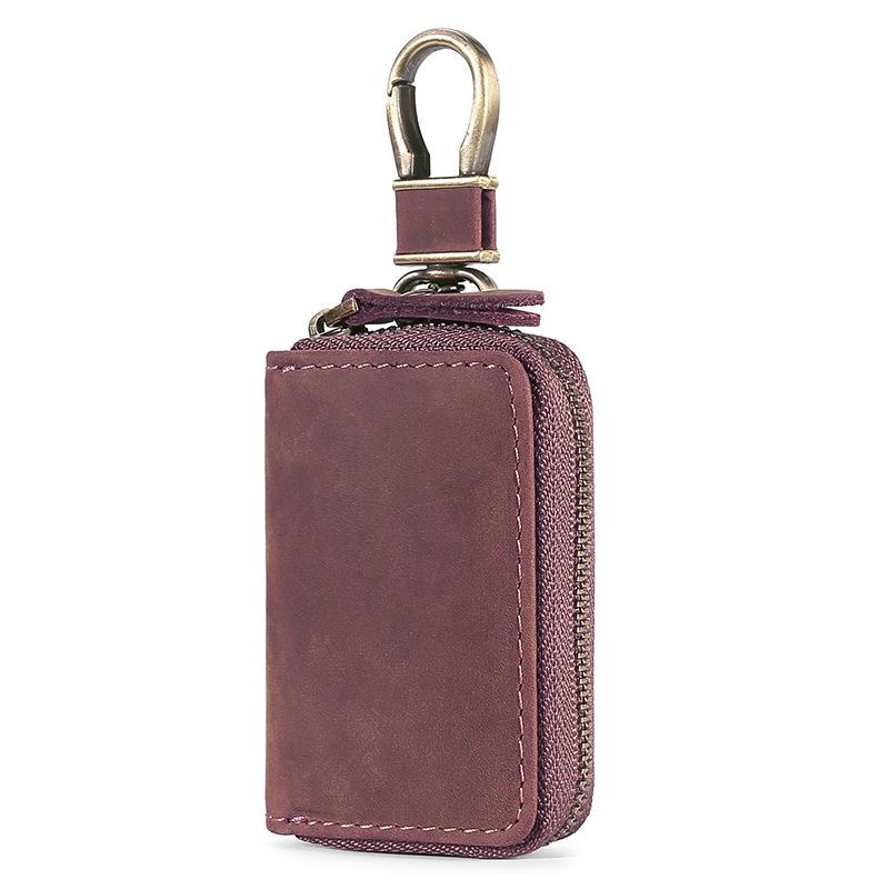 Car universal key cover Multifunctional single zipper Car key bag First layer Cowhide key Leather case Retro waist hanging