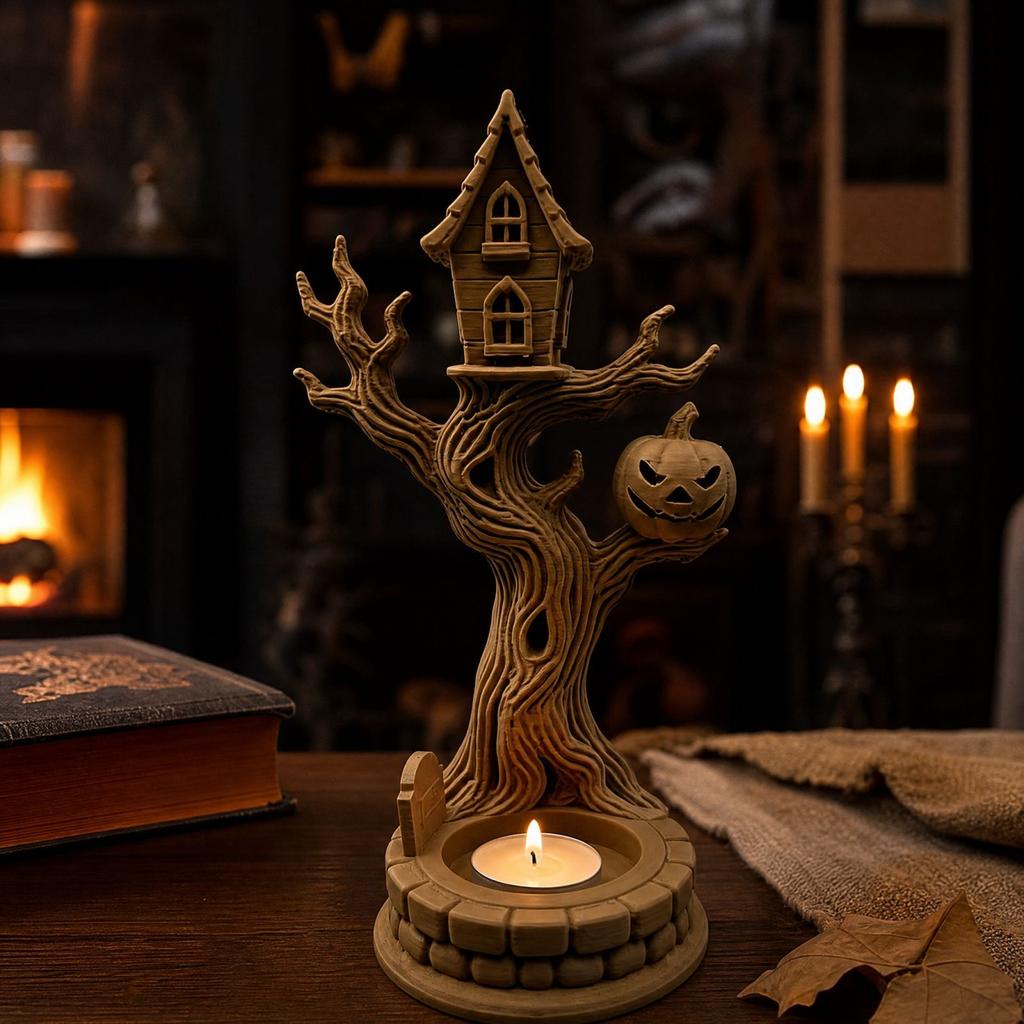 Halloween Tree House Tealight Candle Holder with 3D Printed Pumpkin Tabletop Decor