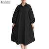 ZANZEA Women Casual Turn Down Collar Puff Long Sleeve Loose Shirt Dress