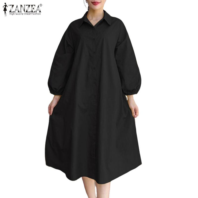 ZANZEA Women Casual Turn Down Collar Puff Long Sleeve Loose Shirt Dress