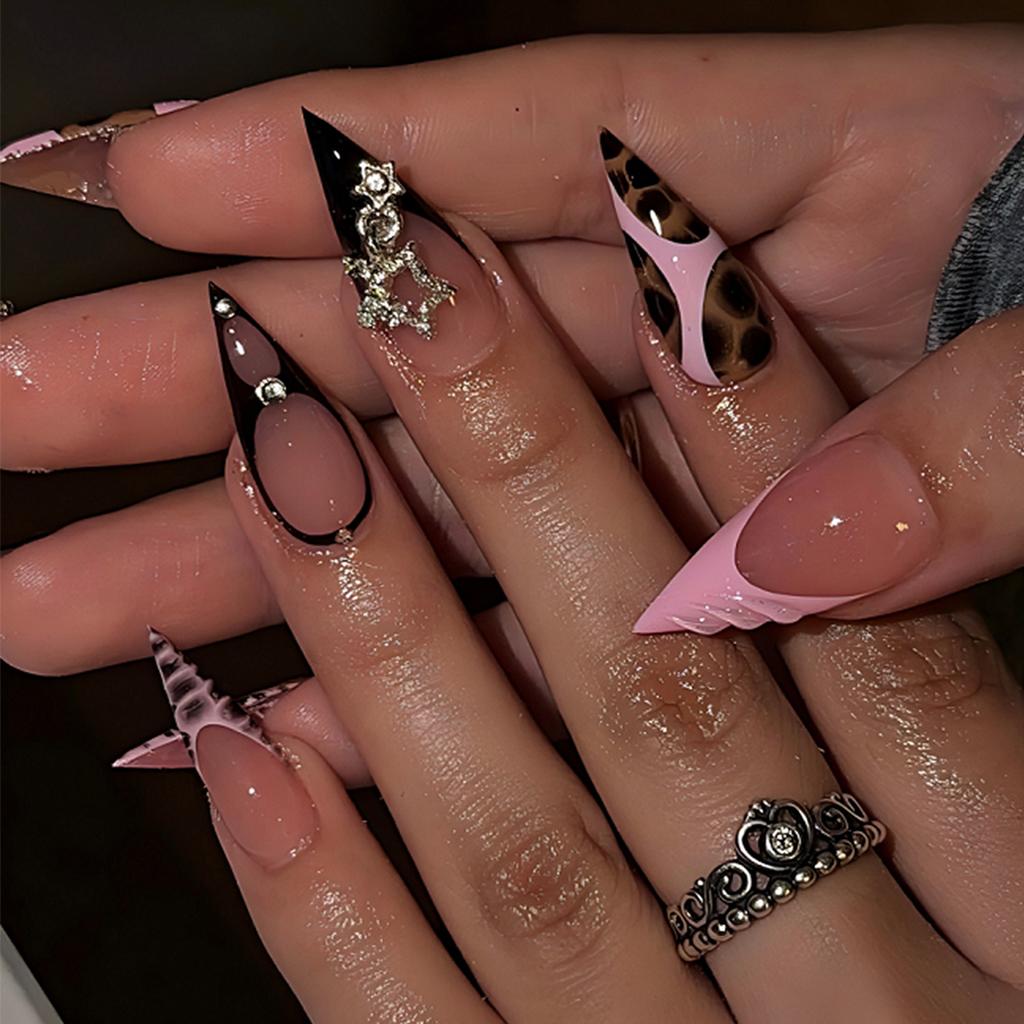 24pcs Glitter Diamond Press On Nails French Pearl False Nails Vintage Sweet Cool Fake Nails Leopard Print Nail Art Almond Nail