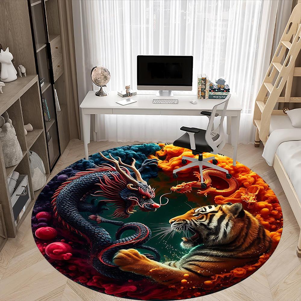 1pc Dragon Tiger Chair Carpet for Office, Round Non-Slip Durable Large Size Office Carpet, Suitable for Office, Beautiful Decoration
