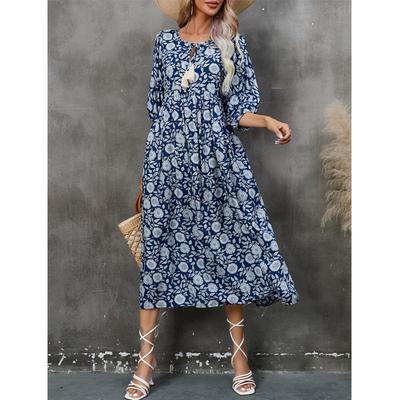 Vestido de Verano Boho Estampado Étnico Manga Media Suelto Cintura Alta Cómodo Algodón Largo Adelgazante Favorecedor