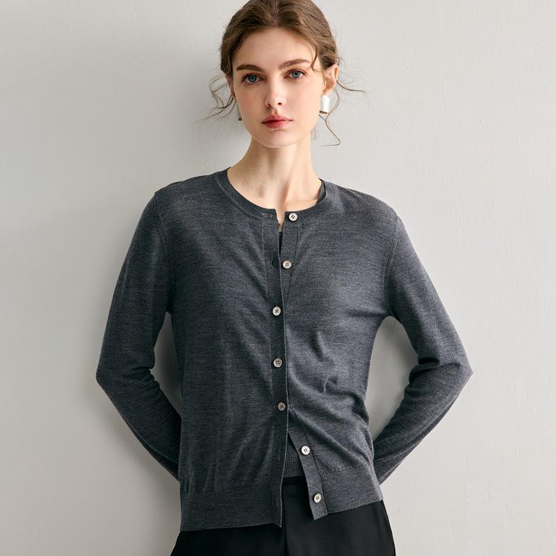 Women's Round Neck 100% Wool Knit Cardigan Sweater - Single-Breasted, Thin German Yangzi Yarn Design