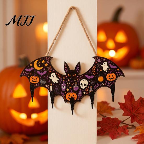 Decorative Entryway Key Hanger Halloween Bat Shaped Wooden Hook, 2D Wall Mounted Hanging Decor with Spooky Ornament Pumpkin Ghost Witch Pattern,
