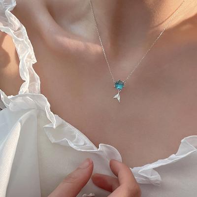 Temperament Beauty Fishtail Collarbone Chain Female Fresh Simple Sen Neckchain Korean Version Bff Blue Foam Fishtail Necklace