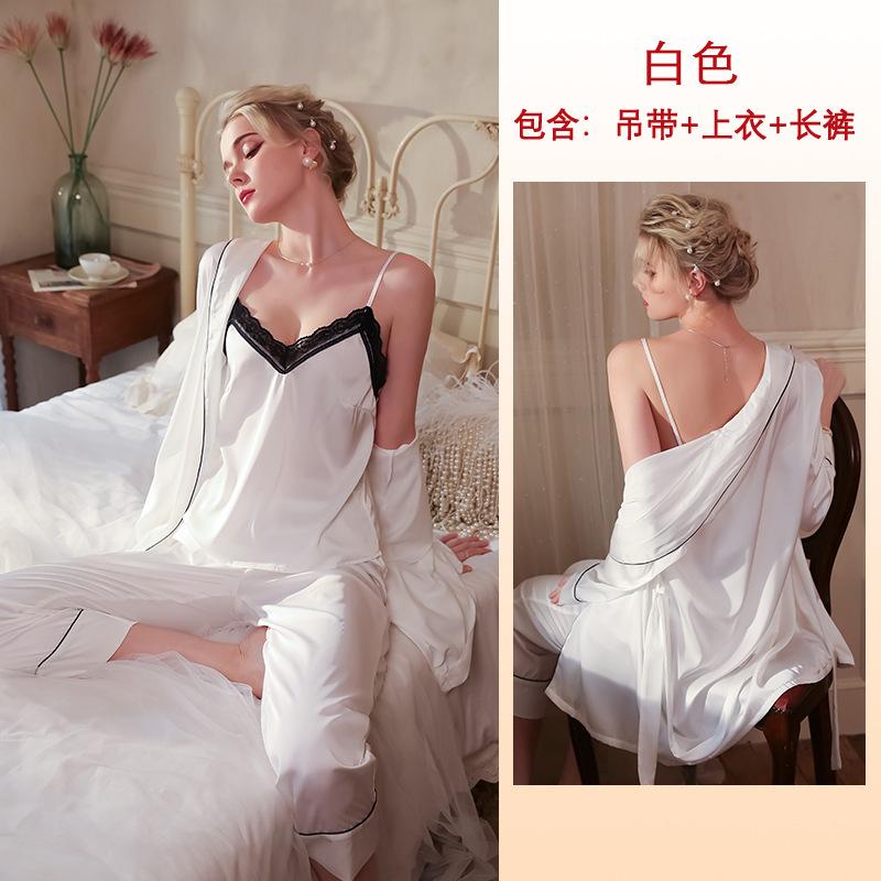 

Пижама женская осенняя с длинными рукавами брюки кардиган комплект корейская версия Ins стиль женский ледяной шелковый атлас L