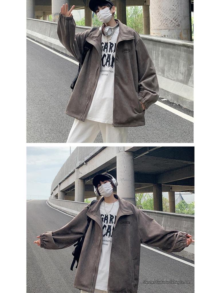 Men's Suede Fleece Retro Windbreaker: Spring/Autumn, Black, Wear-Resistant, Trendy Rogue Brand Jacket