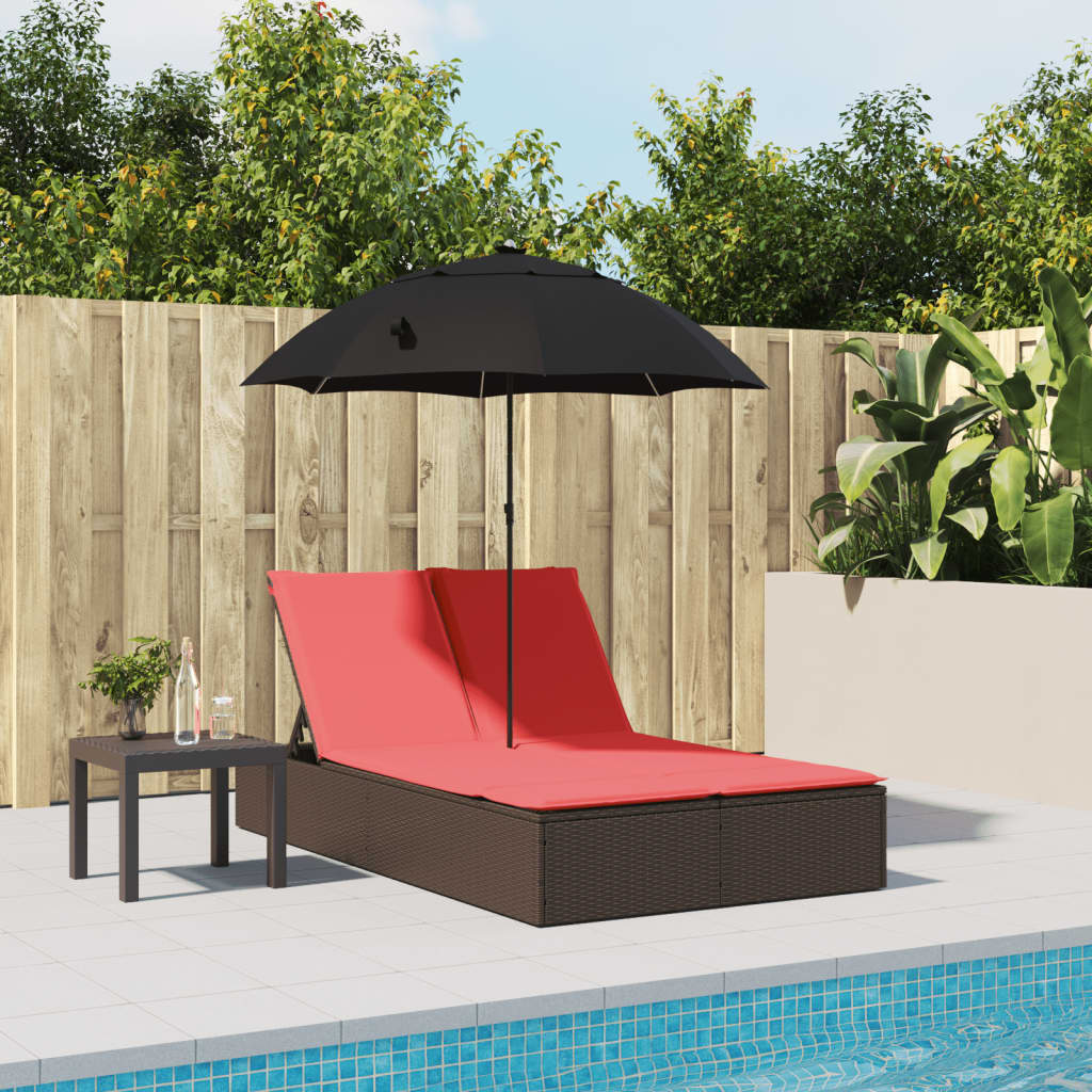Double Sun Lounger with Cushions & Sun Umbrella Brown Poly Rattan