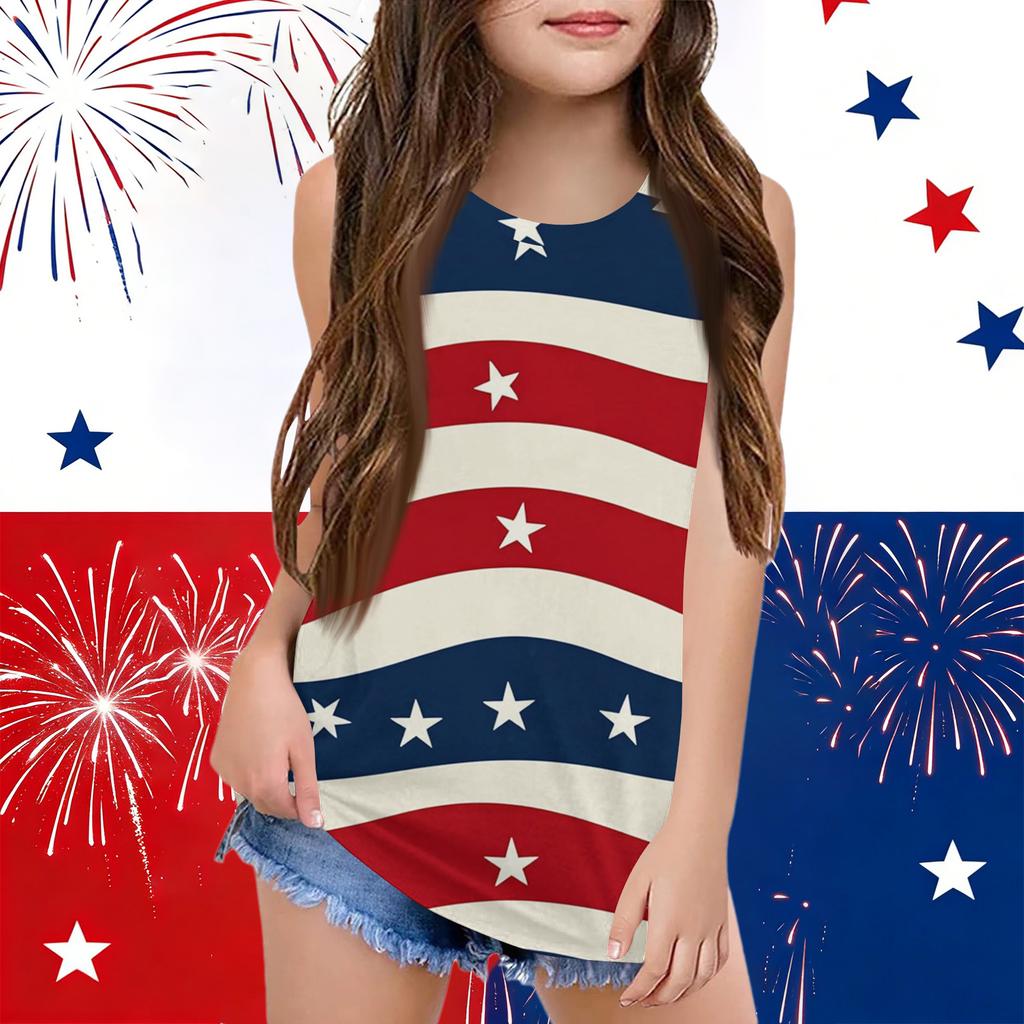 Girls  Kids Summer Crewneck Sleeveless Shirts Tank Tops Independence Day