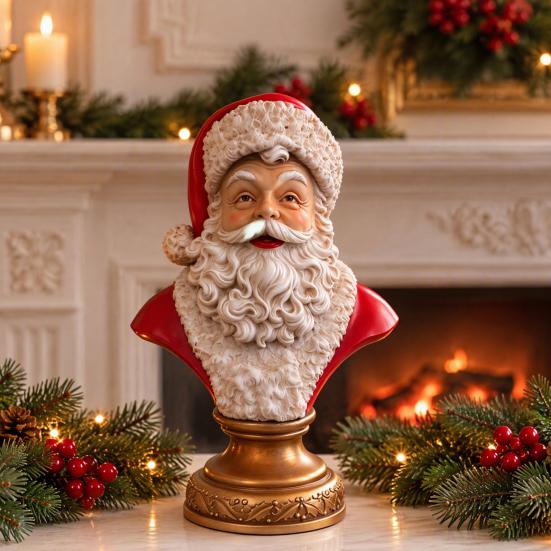 Pevná pryskyřice Vánoční dekorace Santa Claus Busta Soška, Hlava s Vintage Zlatou Uměleckou Soškou pro Sváteční Displej Základna, Stolní Figurka, Krbová Polička