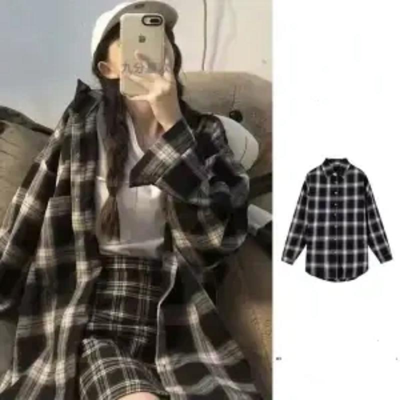 Spring Women Plaid Flannel Button Down Shirt Long Sleeve Oversized Blouse