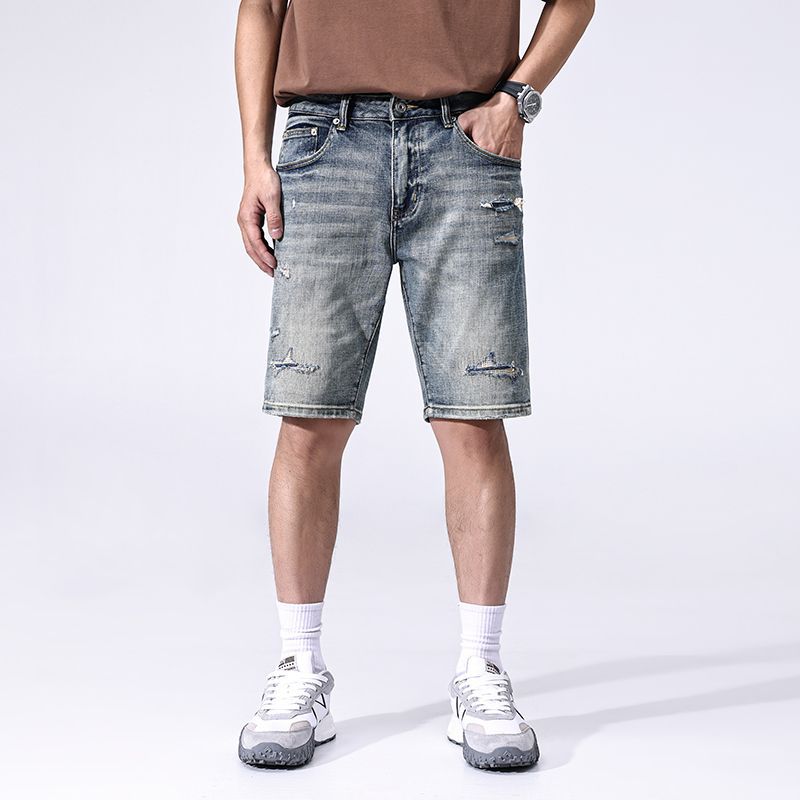 New Summer Scraped Denim Shorts Slim Straight Mid-leg Pants American Ripped Five-point Pants