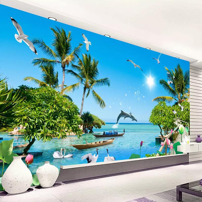 3D Strandplakat Fototapet Blå Himmel Hvite Skyer Kokospalme Sjølandskap Veggmaleri Stue Sofa Soverom Mural