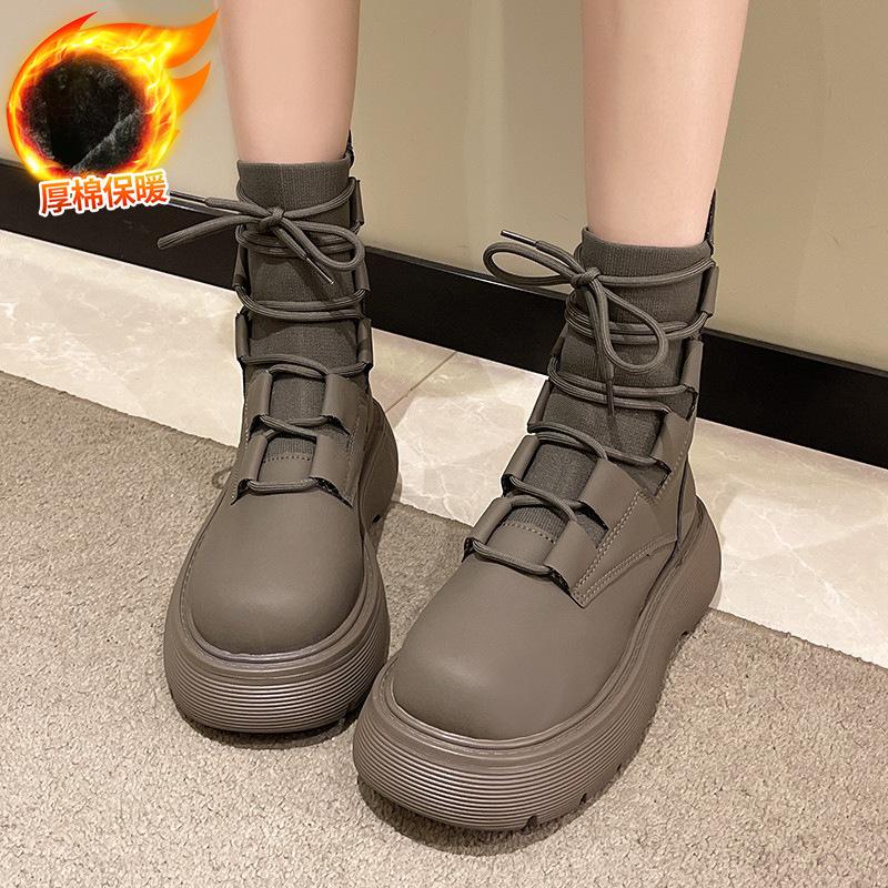 2025 new black knitted lace-up Martin boots women's 2025 new autumn short boots British wind locomotive short boots tide