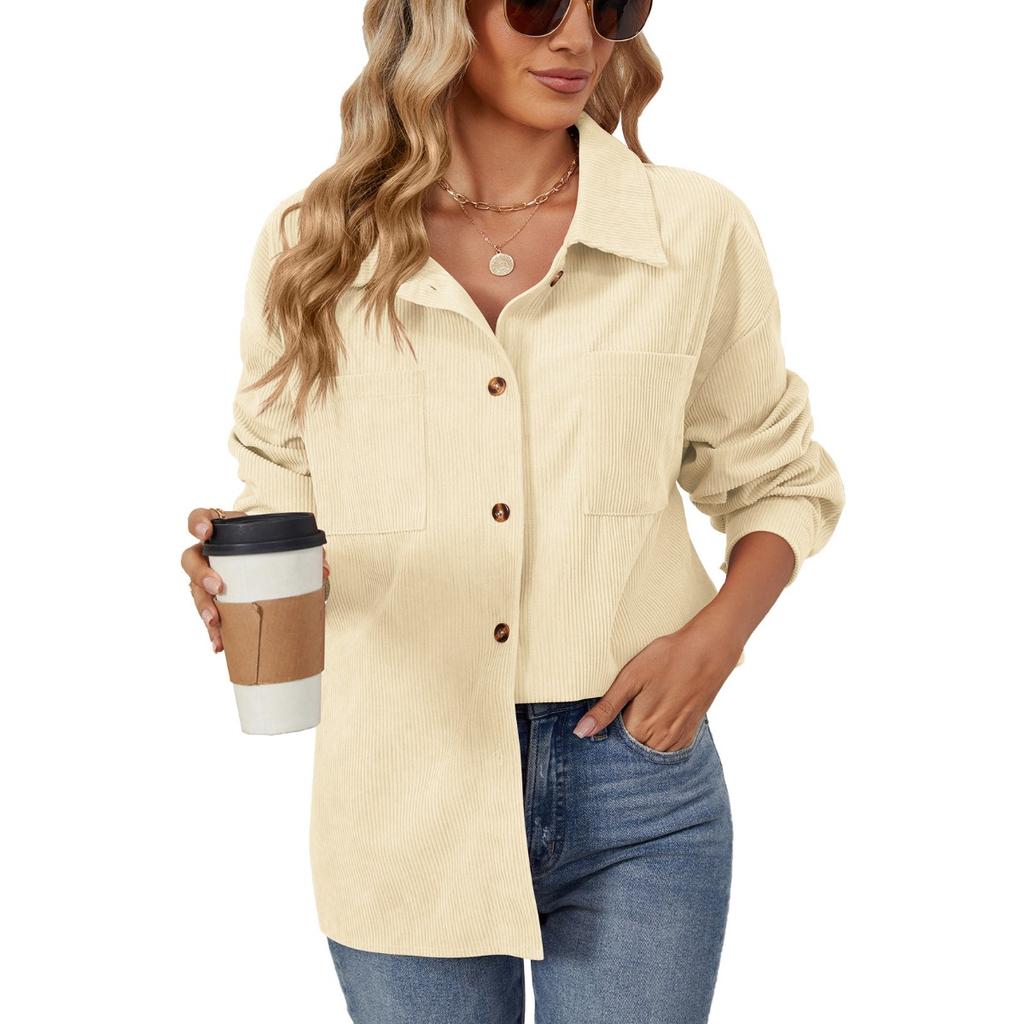 Fall Winter New Corduroy Lapel Long Sleeve Loose Pocket Shirt Jacket For Amazon Europe America Cross-border Foreign Trade
