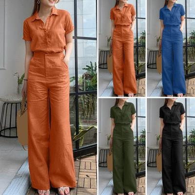 2Pcs/Set Women Pants Shirt Suit Lapel Short Sleeve Single-breasted Wide Leg Loose Solid Color Pockets High Waist Lady Top Trousers Set