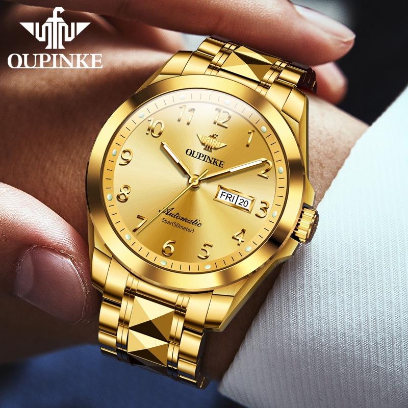 OUPINKE Zegarek męski Automatyczny zegarek mechaniczny Stal nierdzewna Biznesowy podwójny kalendarz Zegarek anty-wysokiej klasy
