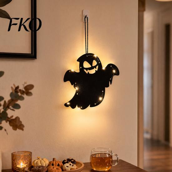 Cool Halloween Designs Pumpkin Hanging Decor, Non-Woven Ghost Ornament with Light String, Spooky Holiday Decorations Door Wall Decor for Party