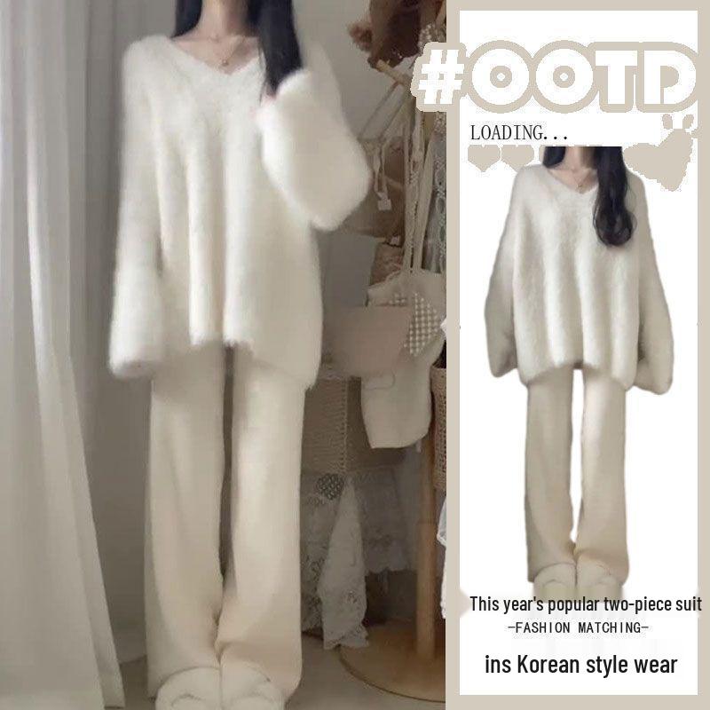 Elegant Korean Style Autumn/Winter Sweater & Fleece-Lined Wide-Leg Pants Set