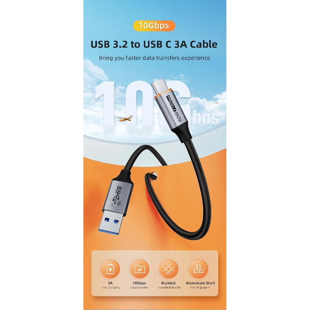 CABLETIME USB A to USB C Cable 10Gbps 3A USB 3.2 Cable 60W QC 3.0 Data Transfer for SSD Enclosure Phone Charging Data Sync