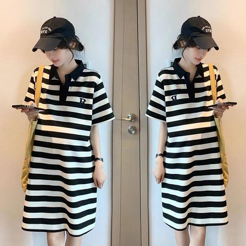 Fairy Striped Polo Maternity Summer Dress - Loose, Retro-Style for Comfort and Elegance