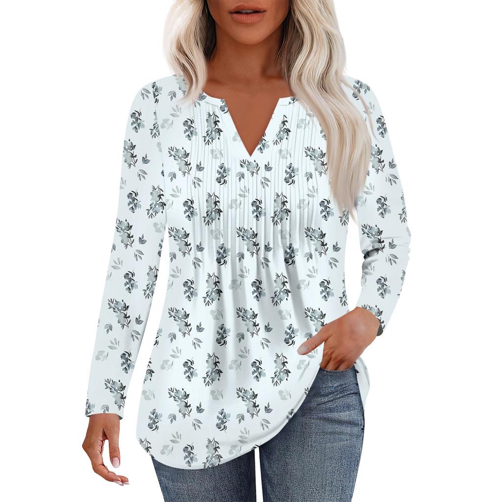 Dámská móda Ležérní Plisované Tričko s V výstřihem a Dlouhým Rukávem Elegantní Top