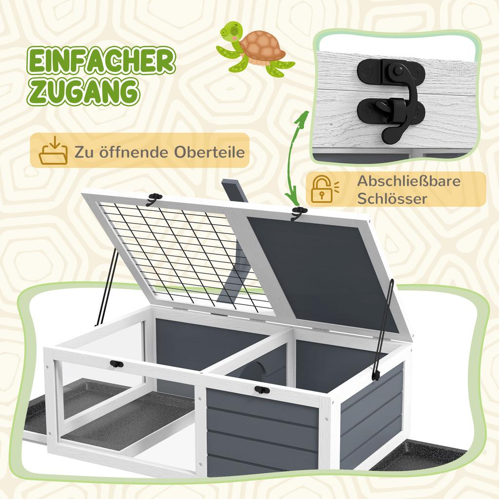 Tortoise Table with Wooden Lamp Holder, Wooden Tortoise House W/ Openable Lids, Pull-Out Trays - Grey