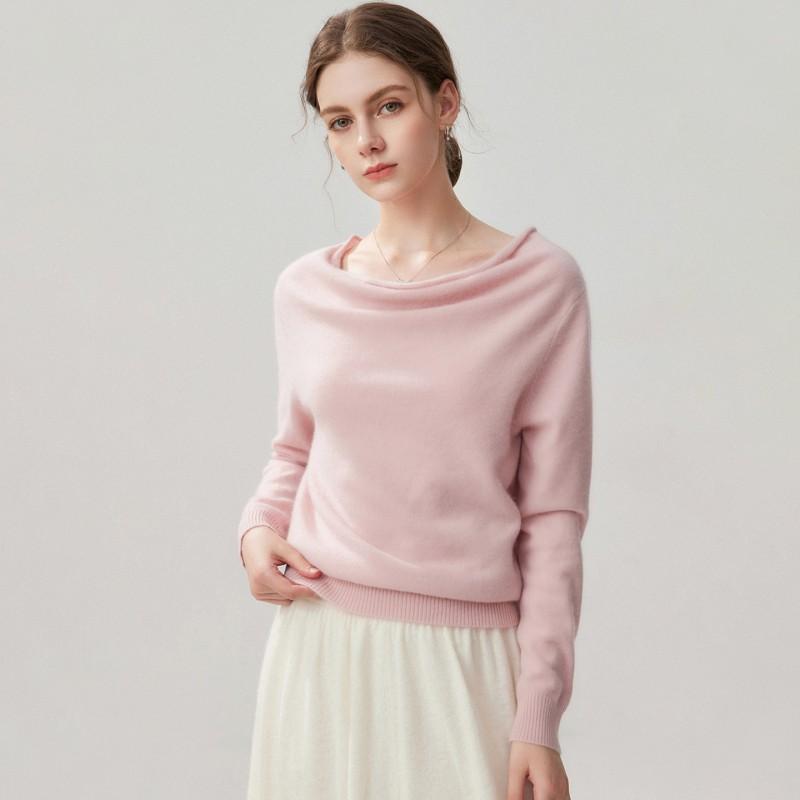 Womens Cashmere Blend Sweater With Batwing Sleeves Loose Fit Turtleneck-Free Boat Neck Knit Top Winter