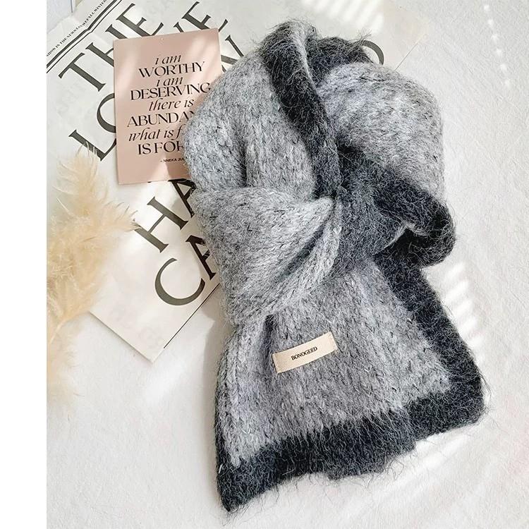 Xiaoxiangfeng Color Blocked Wool Scarf for Women Winter High End Thickened Warm Mohair Knitted Shawl Scarf for Students