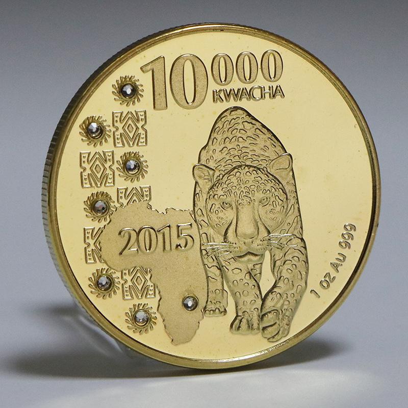 African Zambian commemorative coin, inlaid with leopard gold coins, wildlife elephant commemorative coins, foreign currency, coins