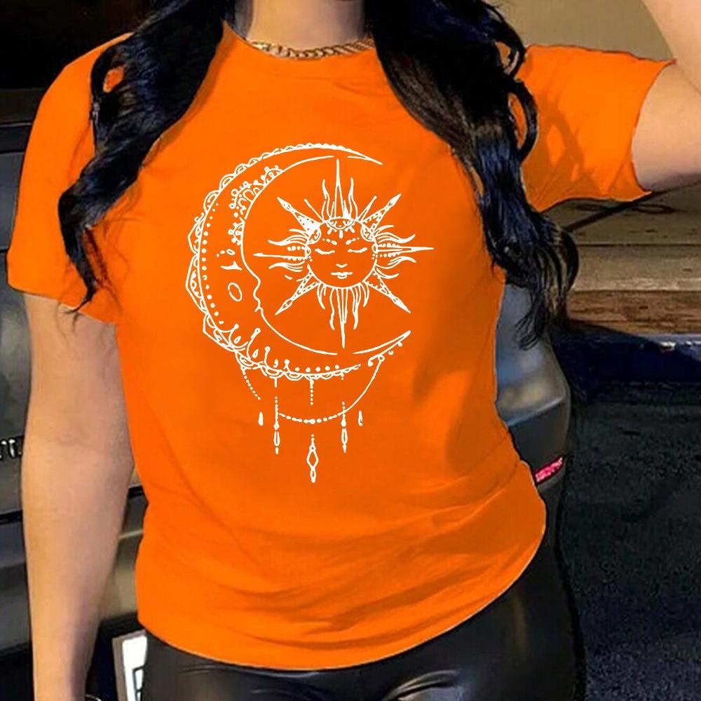 Moon and Sun Casual and Comfortable Pure Cotton Printed Women's Round Neck Short Sleeved T-shirt