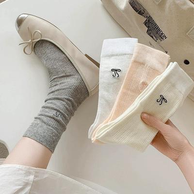 Spring and Summer Thin Socks, Women's Mid-calf Socks, Ballet-style Embroidered Bow, Spring Card Pure Cotton Socks, Pile Socks