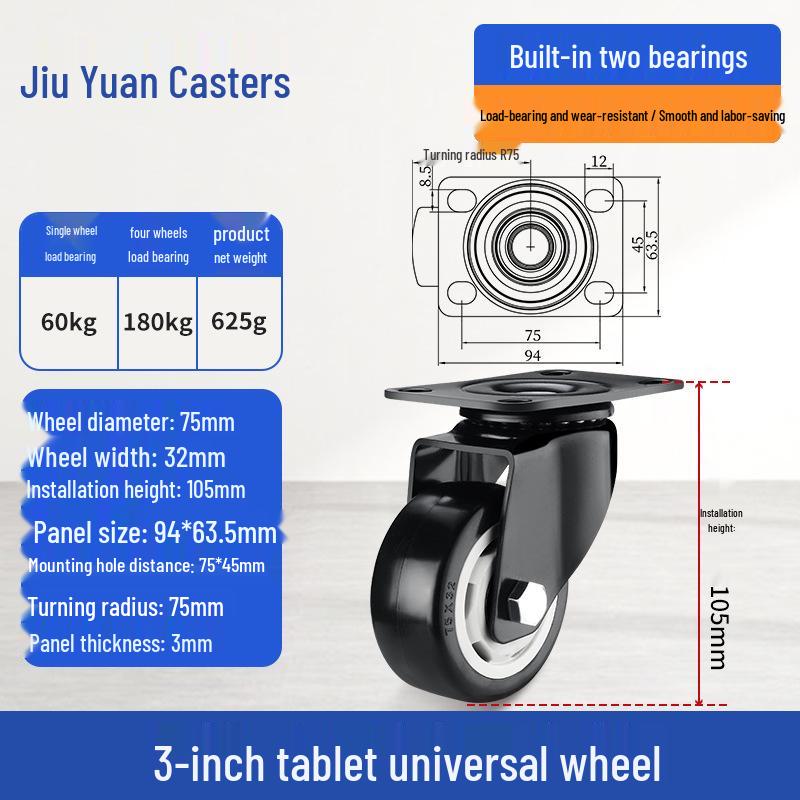 Black Heavy-Duty Swivel Casters with Brakes for Furniture, Cabinets & Industrial Use, Double Bearing Wheels
