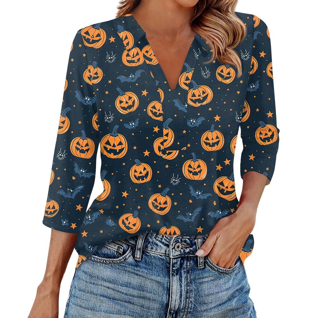 Damenmode Lässig Revers 3/4 Ärmel Halloween Print Hemd Damen V-Ausschnitt Oberteile