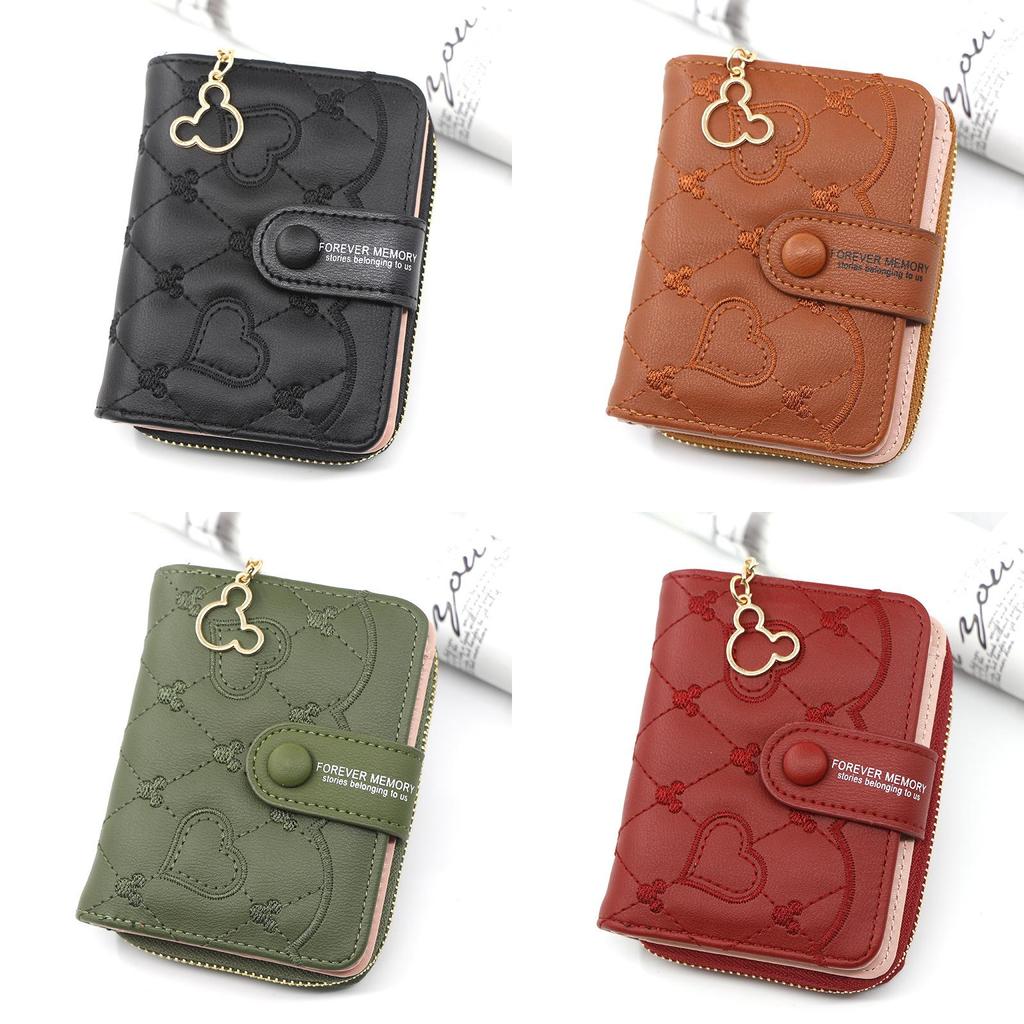 Pu Material Ladies Short Zipper Wallet With Heart Embellishments For Daily Use