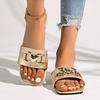 Fashion 2025 New style slippers with a heart-shaped square toe, large-sized flat bottom, metal buckle, one-shoulder casual beach sandals