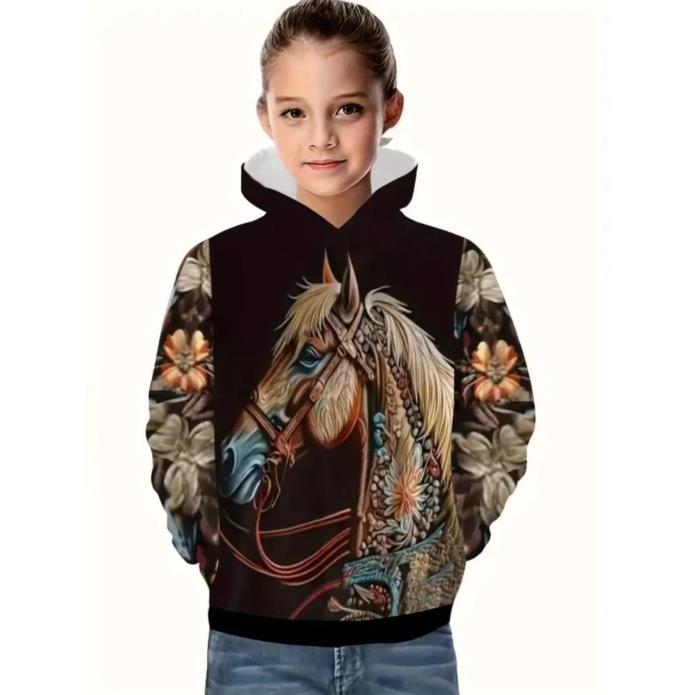Autumn 3D Horse Printed Hoodies Fashionable Casual Sports Cool Long Sleeved Children's Girl Hooded Sweatshirts