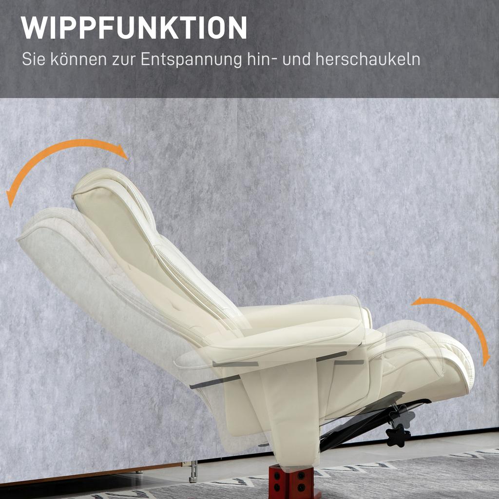 Sessel mit Hocker, Kunstleder, Verstellbare Rückenlehne, Bis 150 kg, Cremeweiß