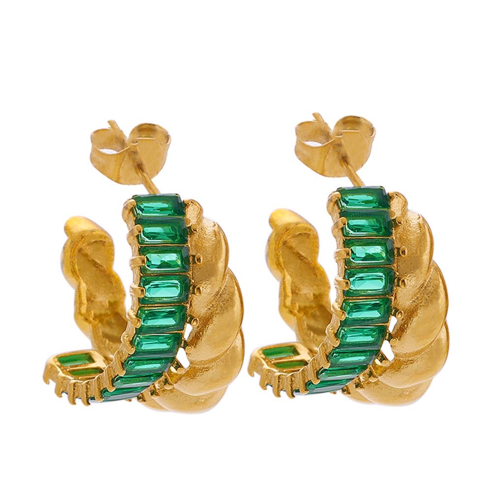 18K Gold Plated C-Shaped Twisted Stainless Steel Earrings with Inlaid Diamonds - High-end Titanium Steel Accessories