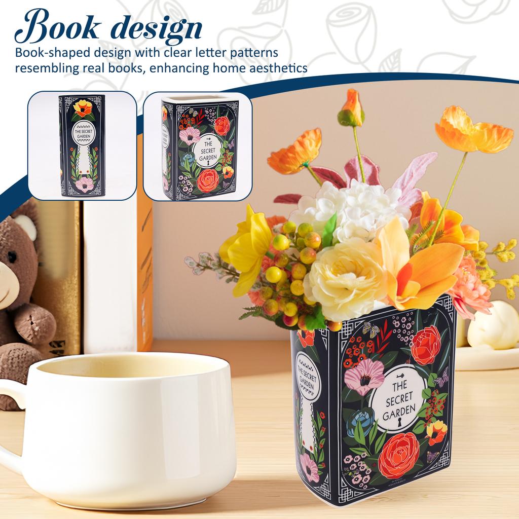 1Pc Book Shape Decorative Vase Ceramic Book Vase Handmade Flower Vases Multi-purpose Storage Box for Office Room Home Decoration